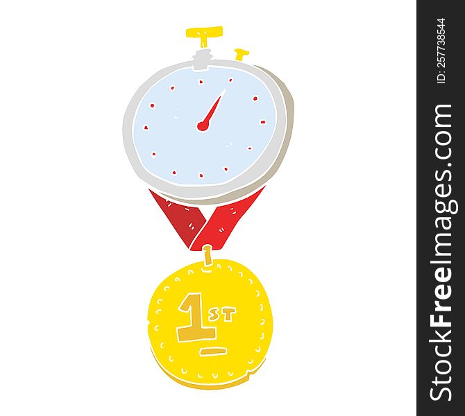 flat color illustration of a cartoon stopwatch and medal