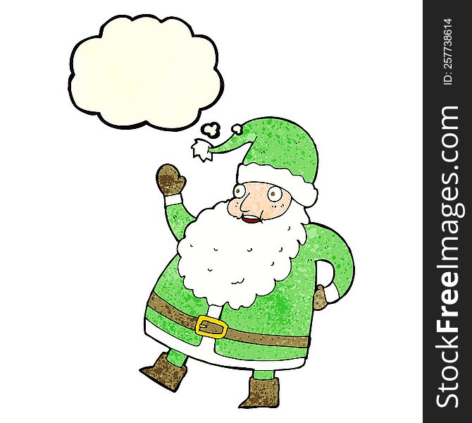 funny waving santa claus cartoon with thought bubble