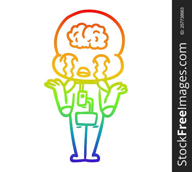 rainbow gradient line drawing of a cartoon big brain alien crying