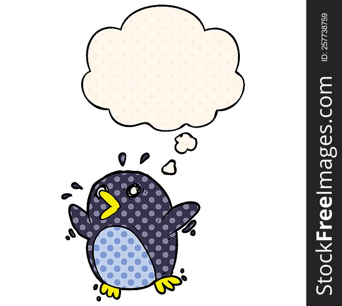 Cartoon Frightened Penguin And Thought Bubble In Comic Book Style