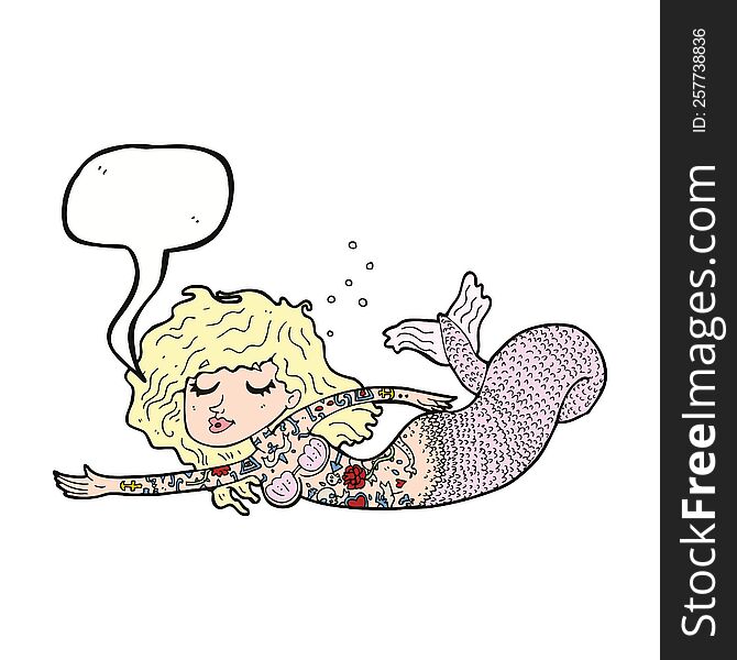 cartoon mermaid covered in tattoos with speech bubble