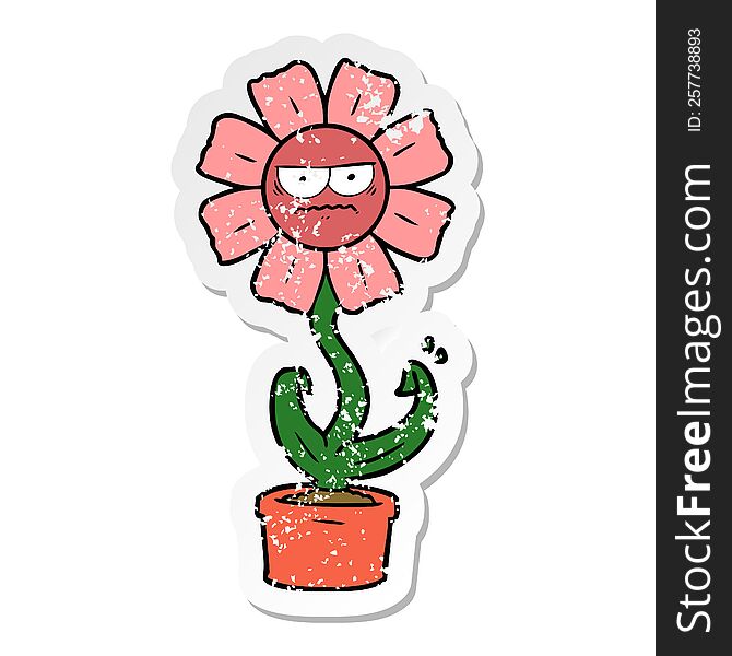 Distressed Sticker Of A Angry Cartoon Flower