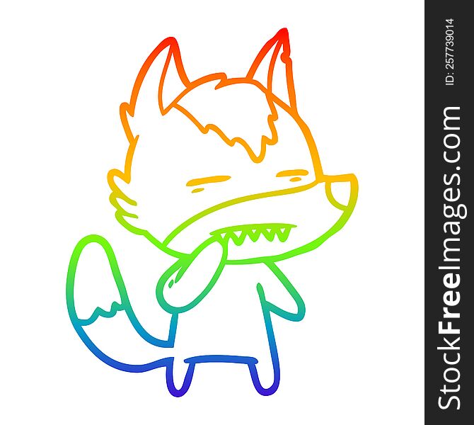 rainbow gradient line drawing of a unsure wolf showing teeth