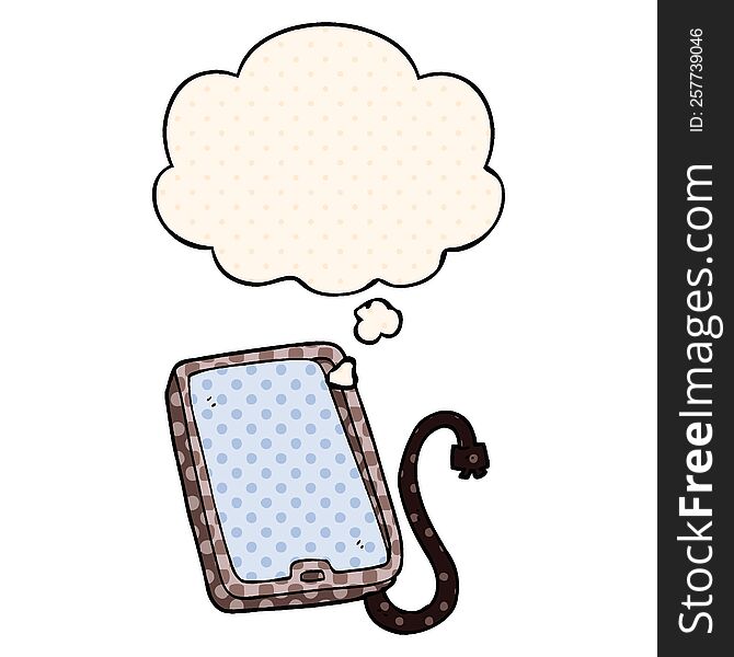 cartoon computer tablet with thought bubble in comic book style