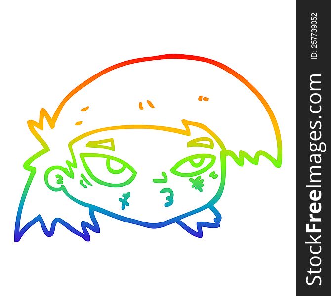 rainbow gradient line drawing of a cartoon scratched up face