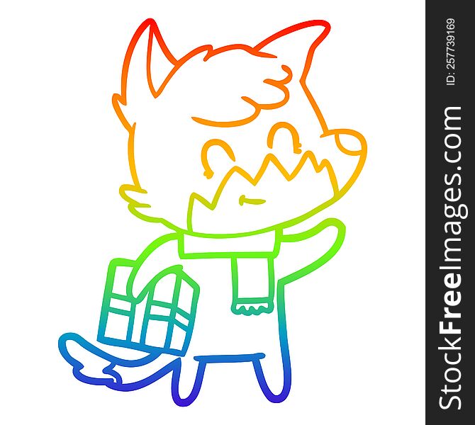 Rainbow Gradient Line Drawing Cartoon Happy Fox With Gift