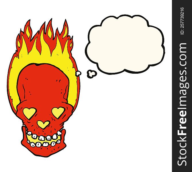 Cartoon Flaming Skull With Love Heart Eyes With Thought Bubble