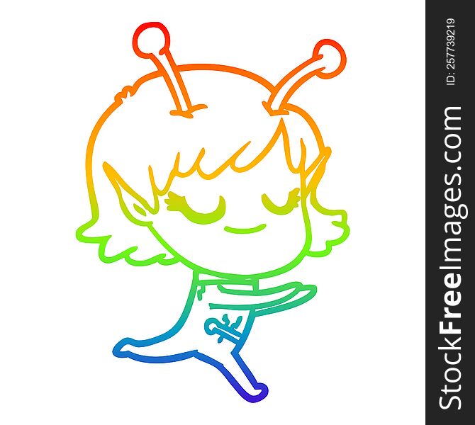 Rainbow Gradient Line Drawing Smiling Alien Girl Cartoon Running