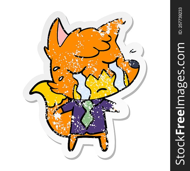distressed sticker of a crying business fox cartoon