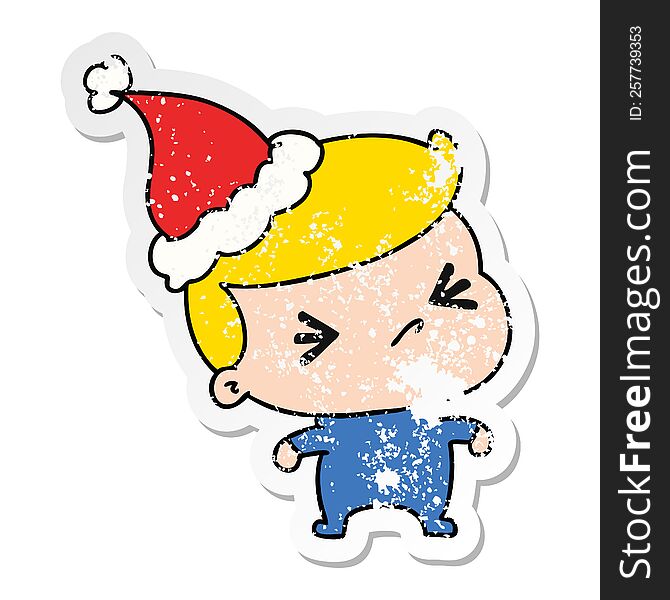 hand drawn christmas distressed sticker cartoon of kawaii boy