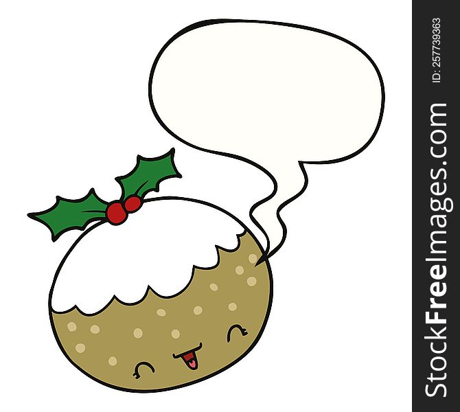 cute cartoon christmas pudding with speech bubble