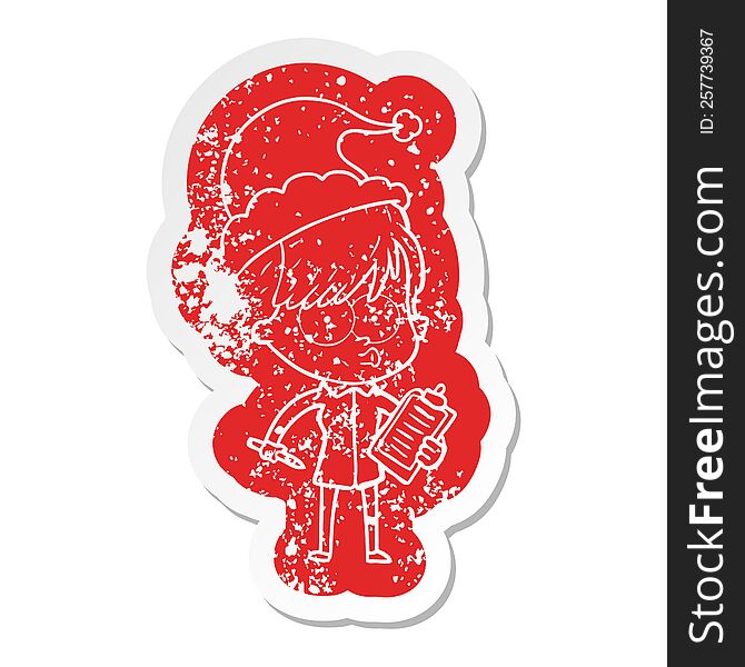 Cartoon Distressed Sticker Of A Woman Wearing Santa Hat