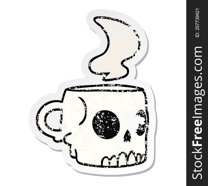 hand drawn distressed sticker cartoon doodle of a skull mug