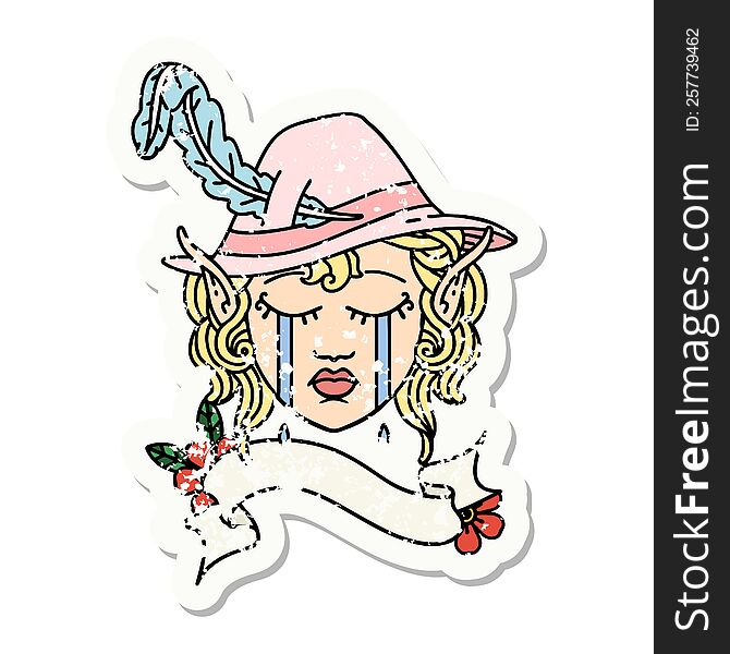 grunge sticker of a crying elven bard character. grunge sticker of a crying elven bard character