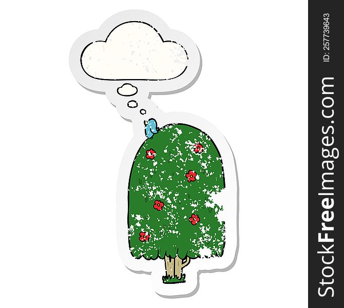 Cartoon Tall Tree And Thought Bubble As A Distressed Worn Sticker