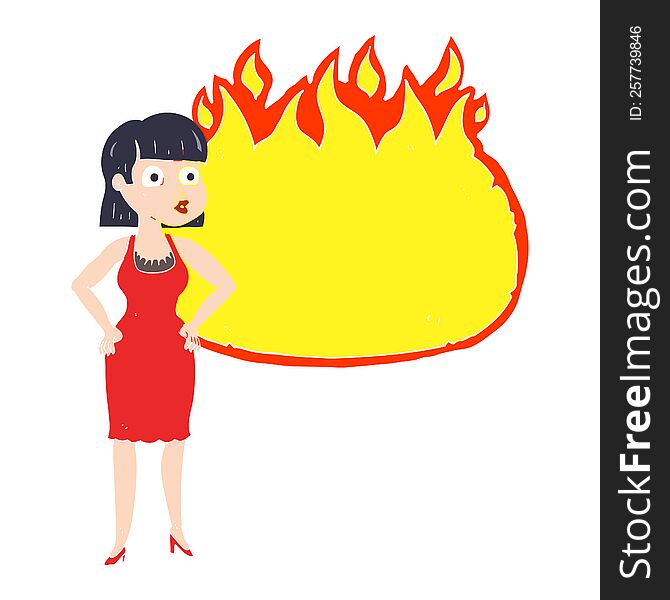 flat color illustration of a cartoon woman in dress with hands on hips and flame banner