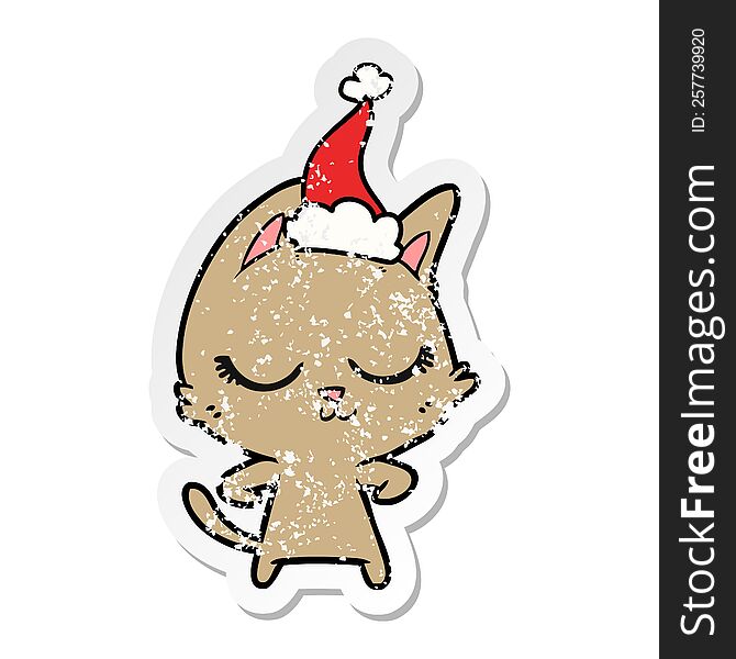 Calm Distressed Sticker Cartoon Of A Cat Wearing Santa Hat