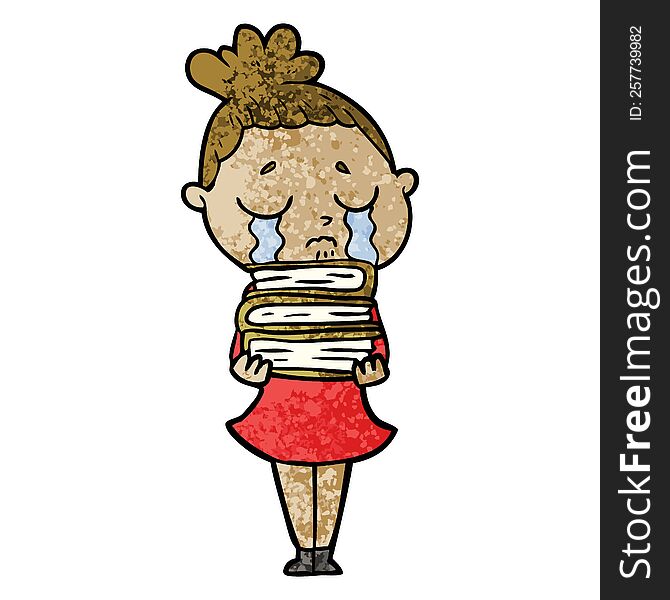 cartoon crying woman with stack of books. cartoon crying woman with stack of books
