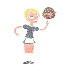 Cartoon Waitress Serving A Burger Stock Image
