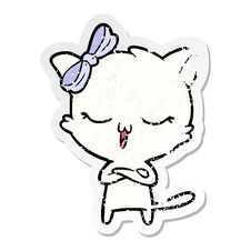 Distressed Sticker Of A Cartoon Cat With Bow On Head Royalty Free Stock Image
