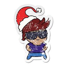 Christmas Distressed Sticker Cartoon Of Kawaii Boy Stock Photo