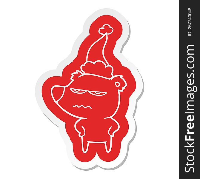 angry bear polar quirky cartoon  sticker of a wearing santa hat