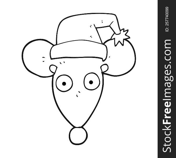 freehand drawn black and white cartoon mouse in christmas hat