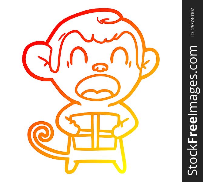 warm gradient line drawing of a shouting cartoon monkey carrying christmas gift