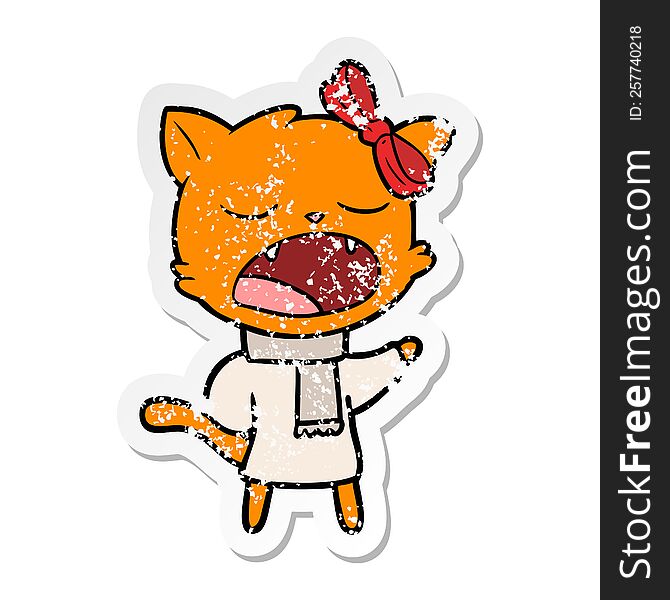 distressed sticker of a cartoon cat in winter clothes