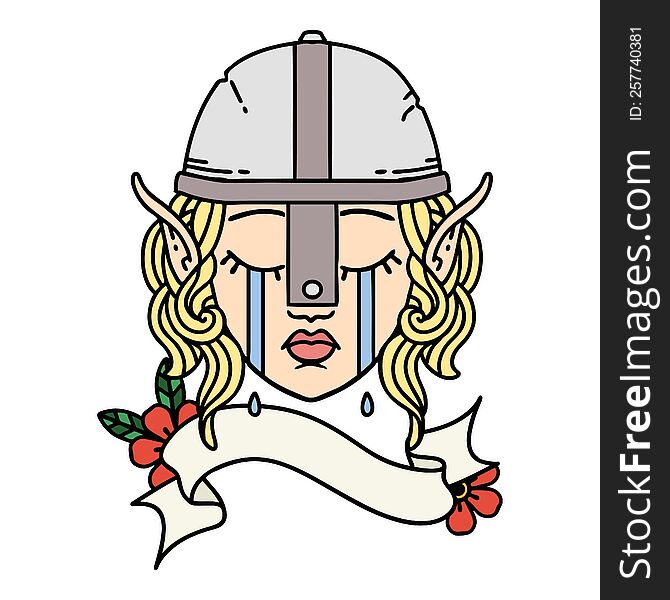 Retro Tattoo Style crying elf fighter character face. Retro Tattoo Style crying elf fighter character face