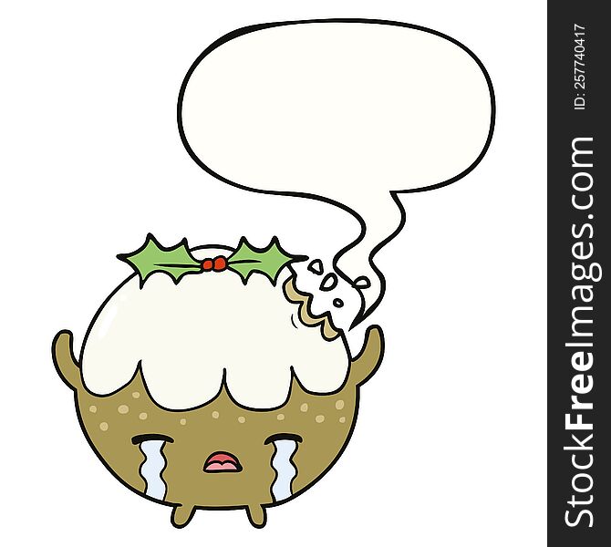 cartoon christmas pudding crying with speech bubble