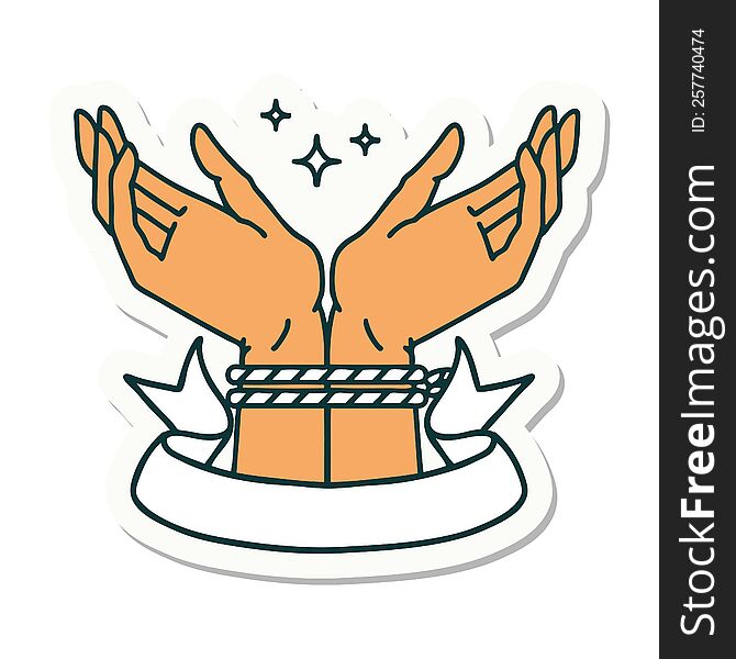 tattoo style sticker with banner of a pair of tied hands