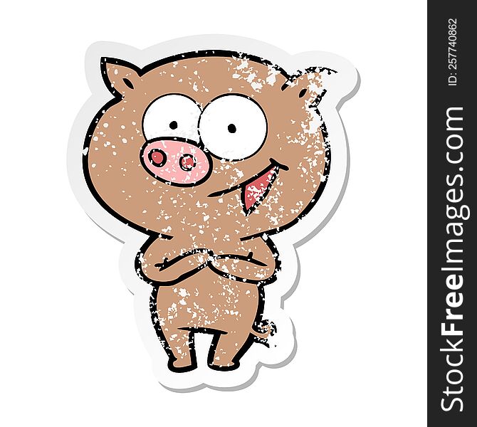Distressed Sticker Of A Cheerful Pig Cartoon
