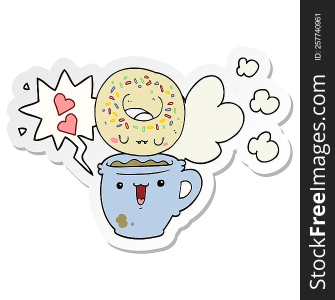 cute cartoon donut and coffee with speech bubble sticker