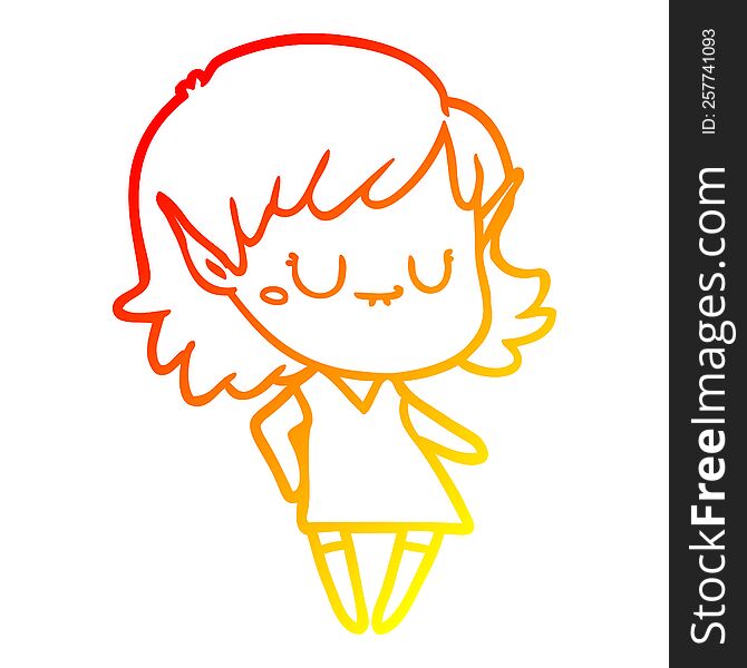 Warm Gradient Line Drawing Happy Cartoon Elf Girl Wearing Dress