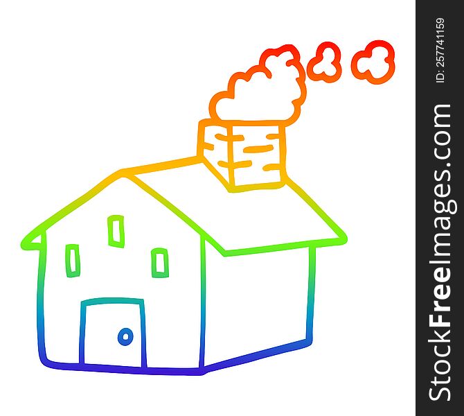 Rainbow Gradient Line Drawing Cartoon House With Smoking Chimney
