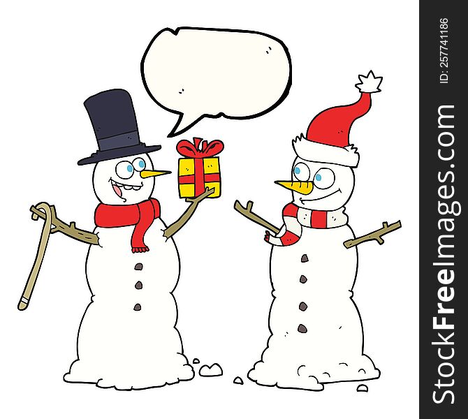 speech bubble cartoon snowmen exchanging gifts