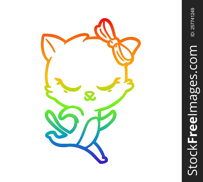 Rainbow Gradient Line Drawing Cute Cartoon Cat With Bow Running