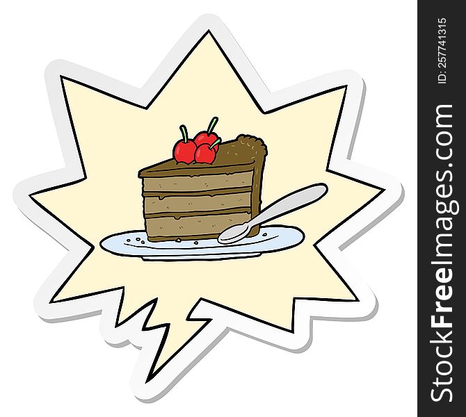 cartoon expensive slice of chocolate cake and speech bubble sticker