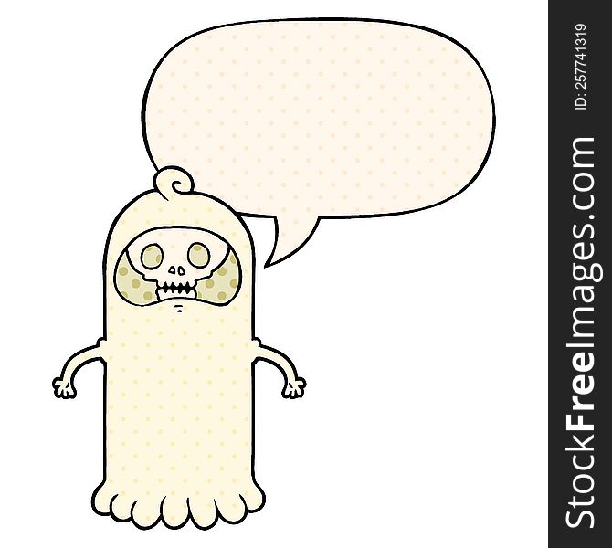 Cartoon Spooky Skull Ghost And Speech Bubble In Comic Book Style