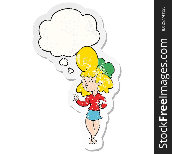 cartoon woman with big hair with thought bubble as a distressed worn sticker