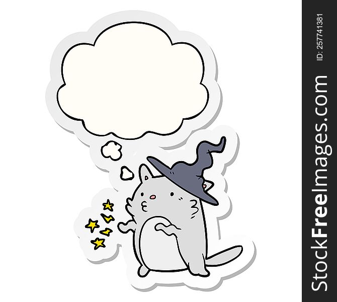 cartoon cat wizard with thought bubble as a printed sticker