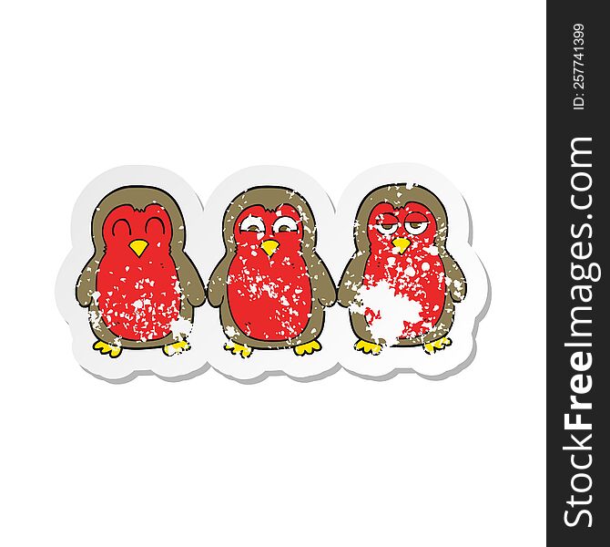 Retro Distressed Sticker Of A Cartoon Christmas Robins Holding Hands