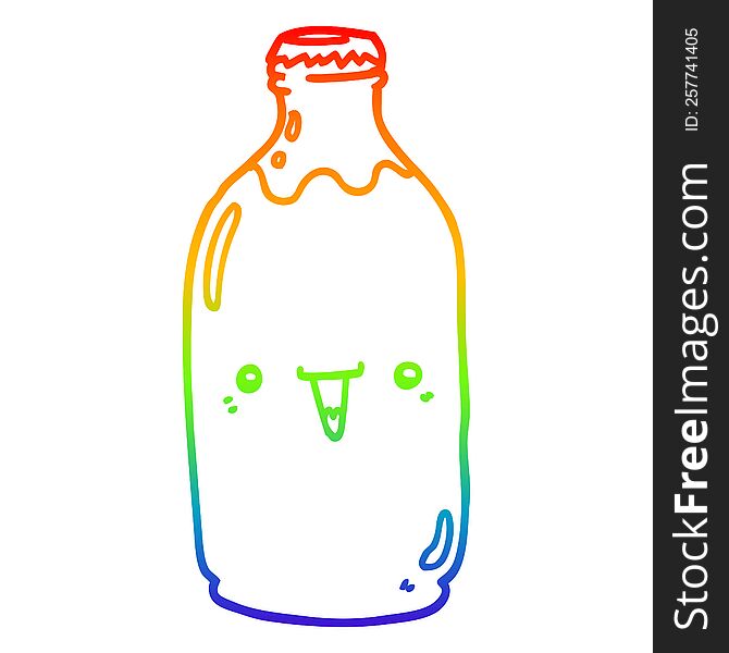 rainbow gradient line drawing of a cute cartoon milk bottle