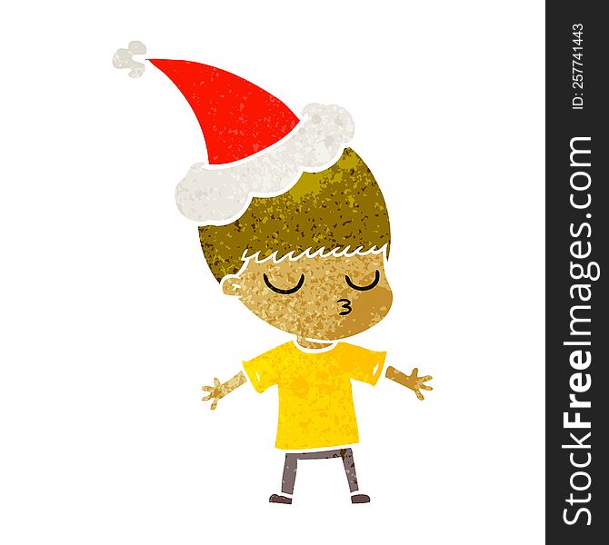 hand drawn retro cartoon of a calm boy wearing santa hat