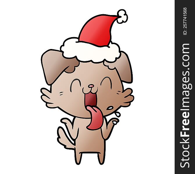 hand drawn gradient cartoon of a panting dog shrugging shoulders wearing santa hat