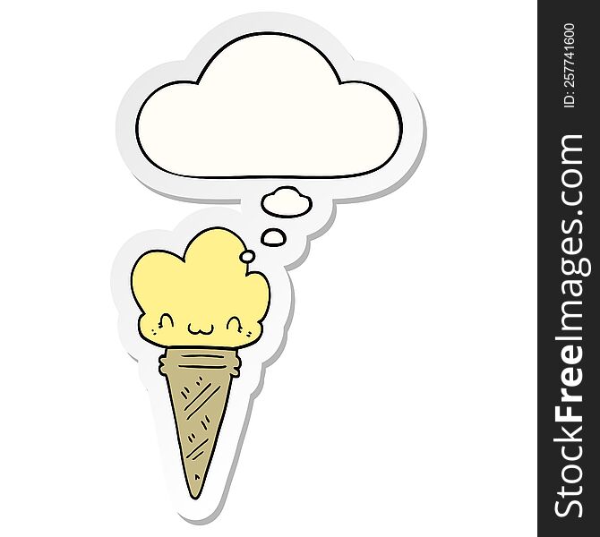 cartoon ice cream with face with thought bubble as a printed sticker
