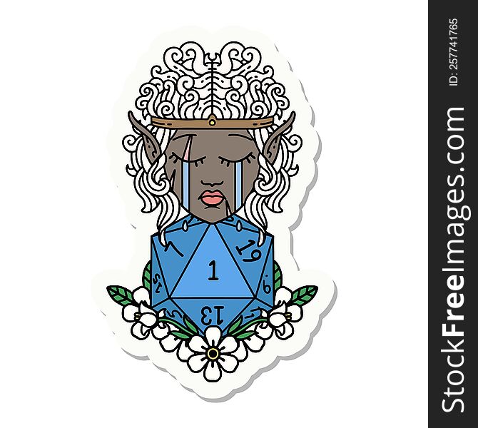 sticker of a crying elf barbarian character with natural one D20 roll. sticker of a crying elf barbarian character with natural one D20 roll