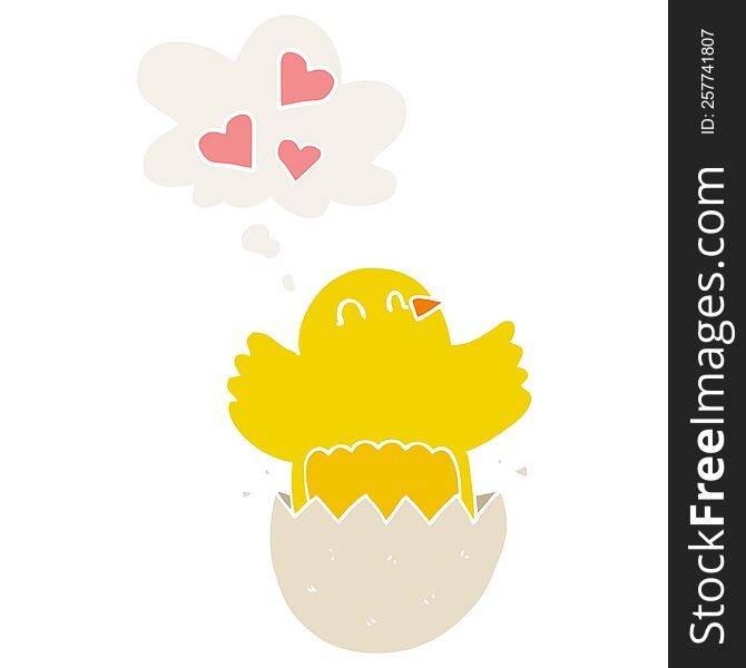 cute hatching chick cartoon with thought bubble in retro style