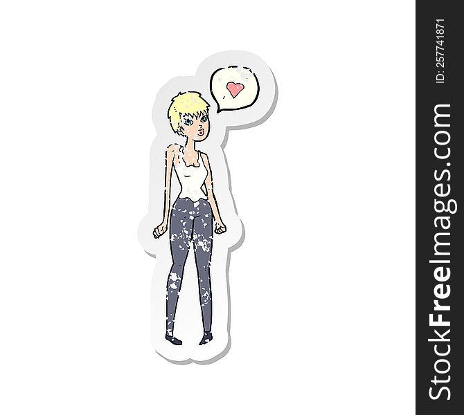 retro distressed sticker of a cartoon woman in love